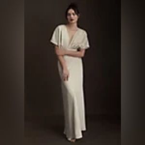 BHLDN Leila Deep-V Flutter-Sleeve Satin A-Line Gown